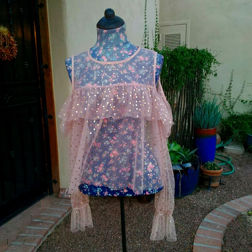 F21 Pink Chiffon Sheer Gold PolkaDot Cold Shoulder